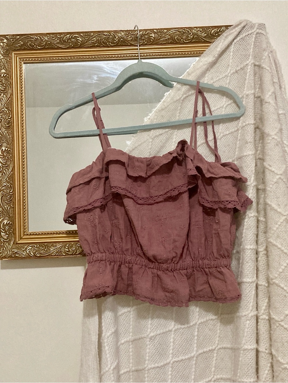 American Eagle Outfitters Mauve Eyelet Ruffled Tie-Strap Cropped Cami